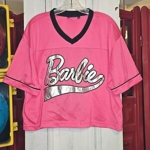 Barbie Malibu 59 Hot Pink Graphic Mesh Jersey Crop Top Metallic Size L